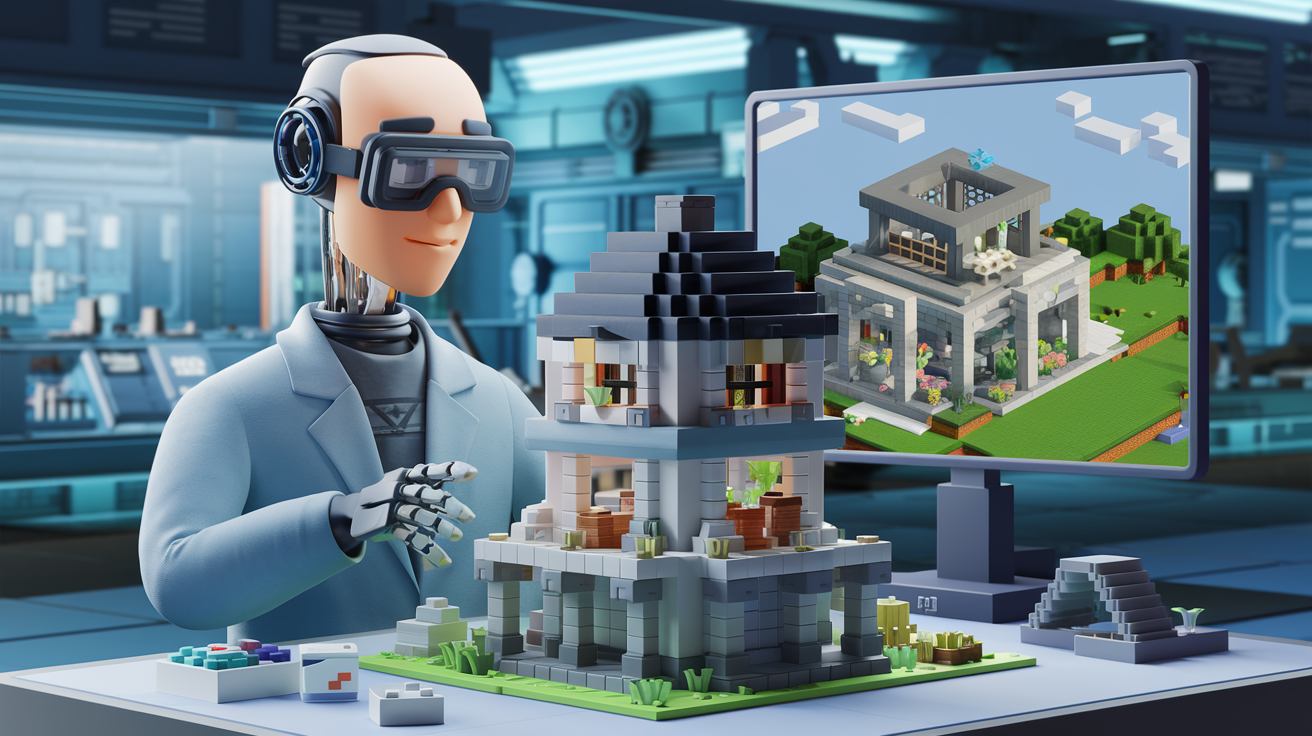 A 3D render of Claude AI, a robot with a human-like head, building a mansion in Minecraft. 