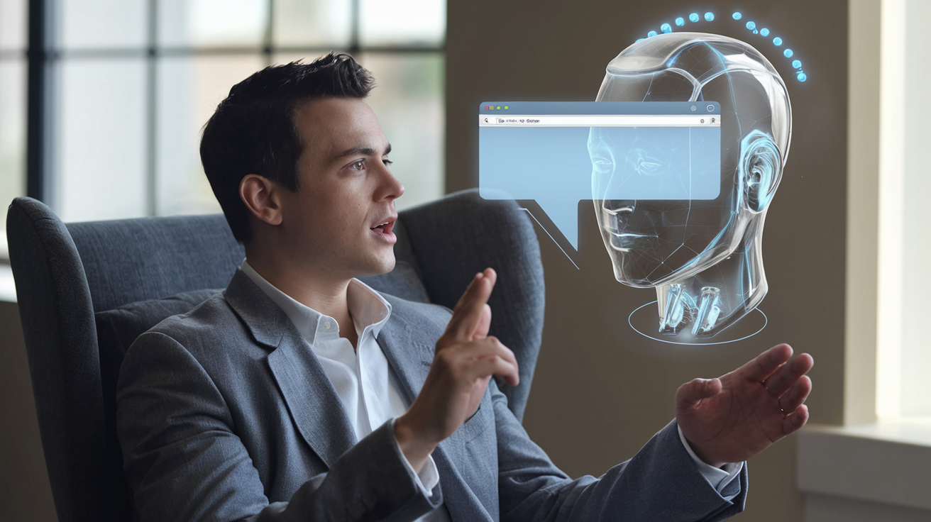 a cinematic shot of a man sitting in a chair speaking to Google's Project Jarvis (computer-using AI agent)