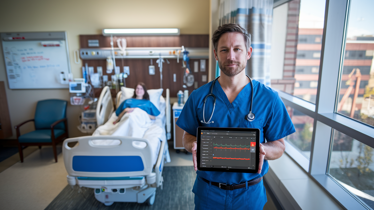 A photo of a doctor holding a tablet with a transcription tool.